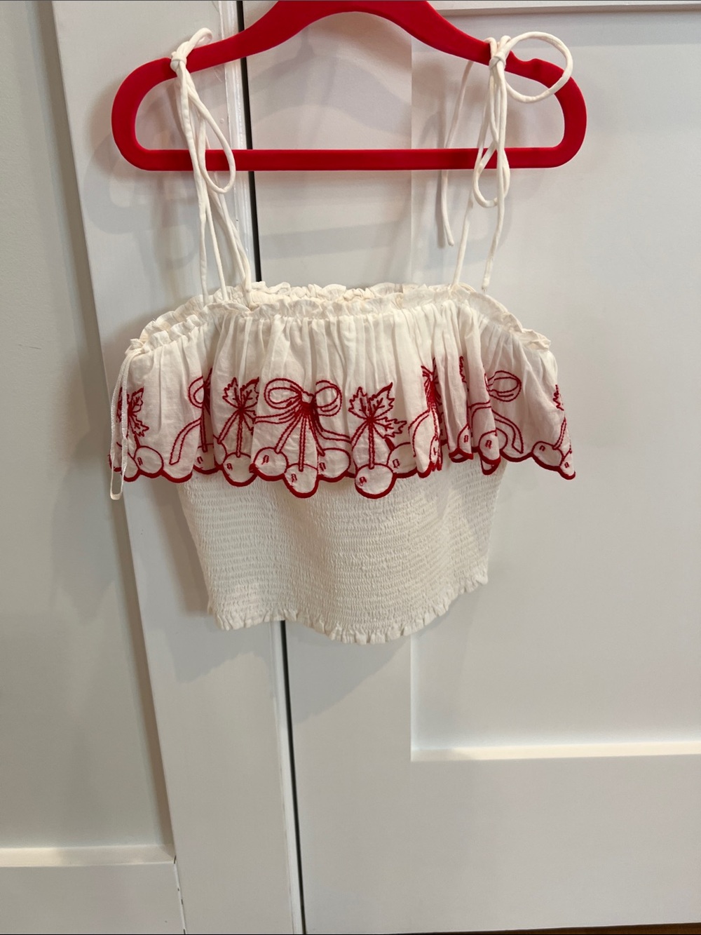 LoveShackFancy Viral White Cherry Crop Camisole with Red Embroidery